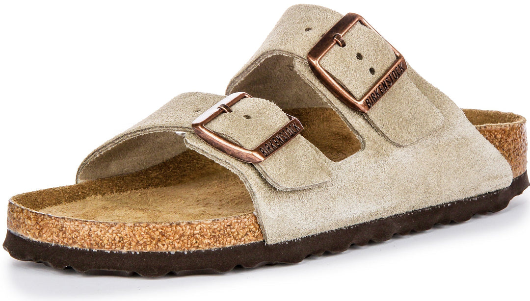 Sandali Birkenstock Arizona | Pelle scamosciata color tortora - Plantare morbido per donna - Vestibilità stretta